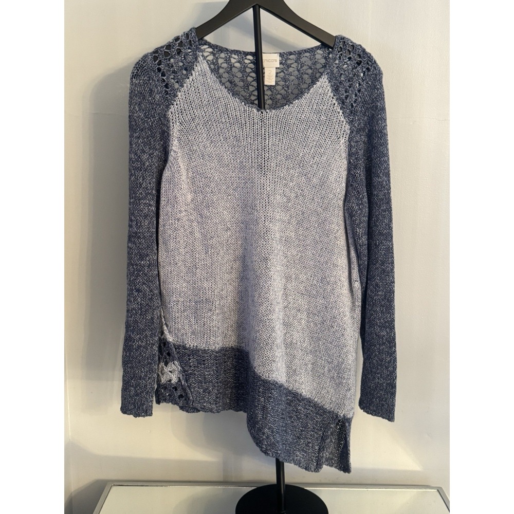 Chico's Women's‎ Sz 2 Blue Open Knit Crochet Asymmetrical Hem Sweater